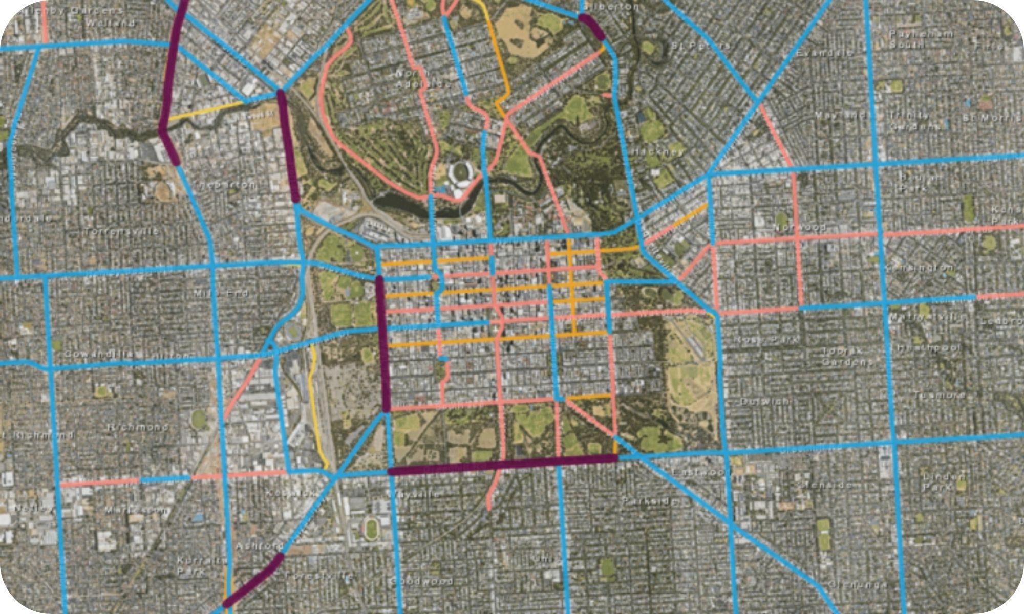 Data from Location SA Map Viewer, displaying estimated and collected data on road and traffic congestion. Image: Location SA Data from Location SA Map Viewer, displaying estimated and collected data on road and traffic congestion. Image: Location SA