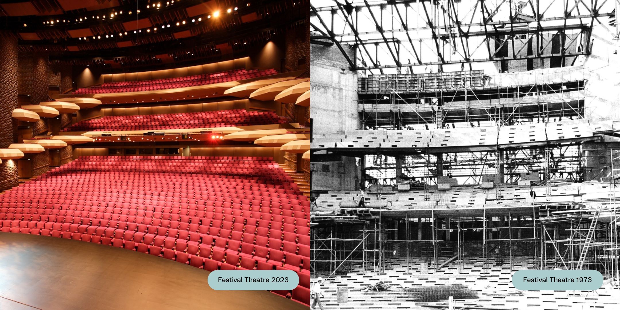 Left is image of the concert hall in 2023, and the same area under construction in 1972.
