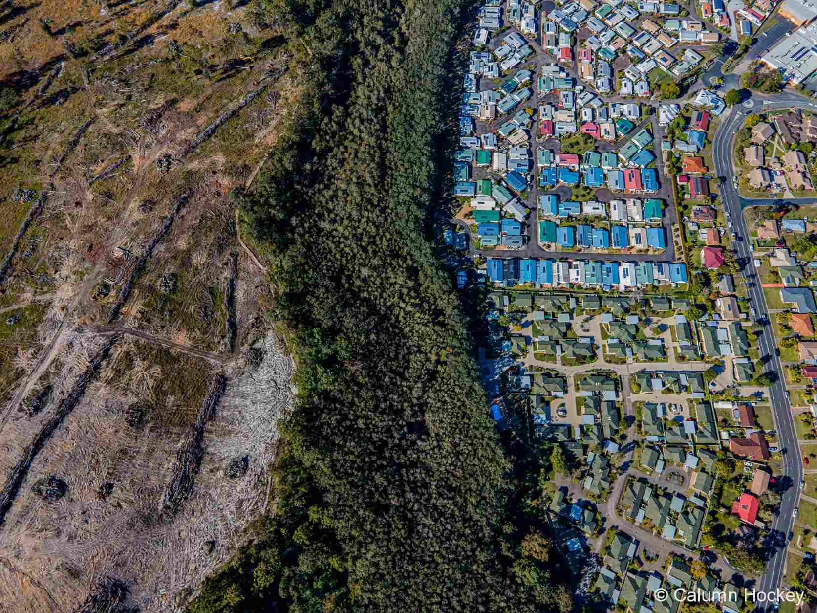 Aerial image, showing a housing development on the right, with a strip of trees down the middle, and damaged-looking land on the left.