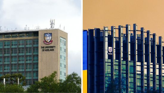A spliced image, on the left is a building with the University of Adelaide logo and on the right is a building with the UniSA logo.