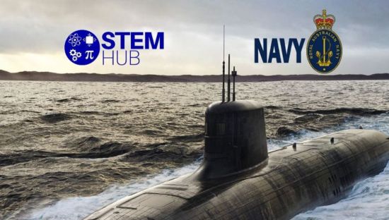 Image of a submarine breaching the water, with the STEM Hub logo and Australian Navy logo superimposed over the top.