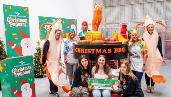 Image of 2023 Mini Float winners students from Paralowie R - 12 School Breanna, Ella and Alyssa with their 'Christmas BBQ' design.